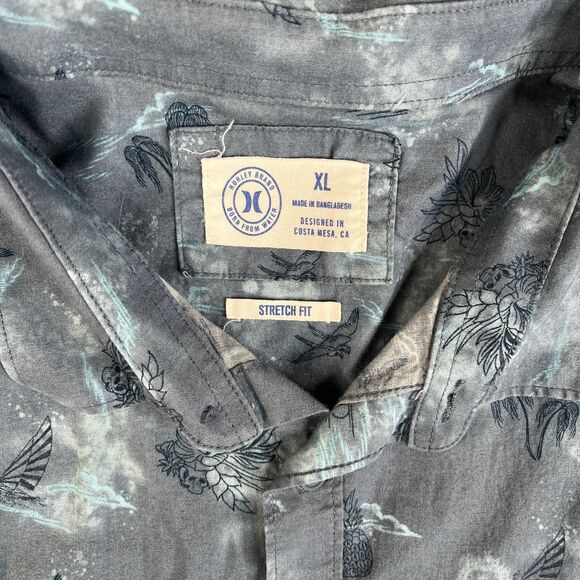 Hurley Shirt Men XL Blue Skull Floral Bird Palm Tree Button Pocket Surf Skate - Picture 7 of 14